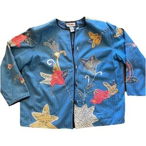 Vintage Indigo Moon women's blue floral embroidered and appliqued art jacket 1X